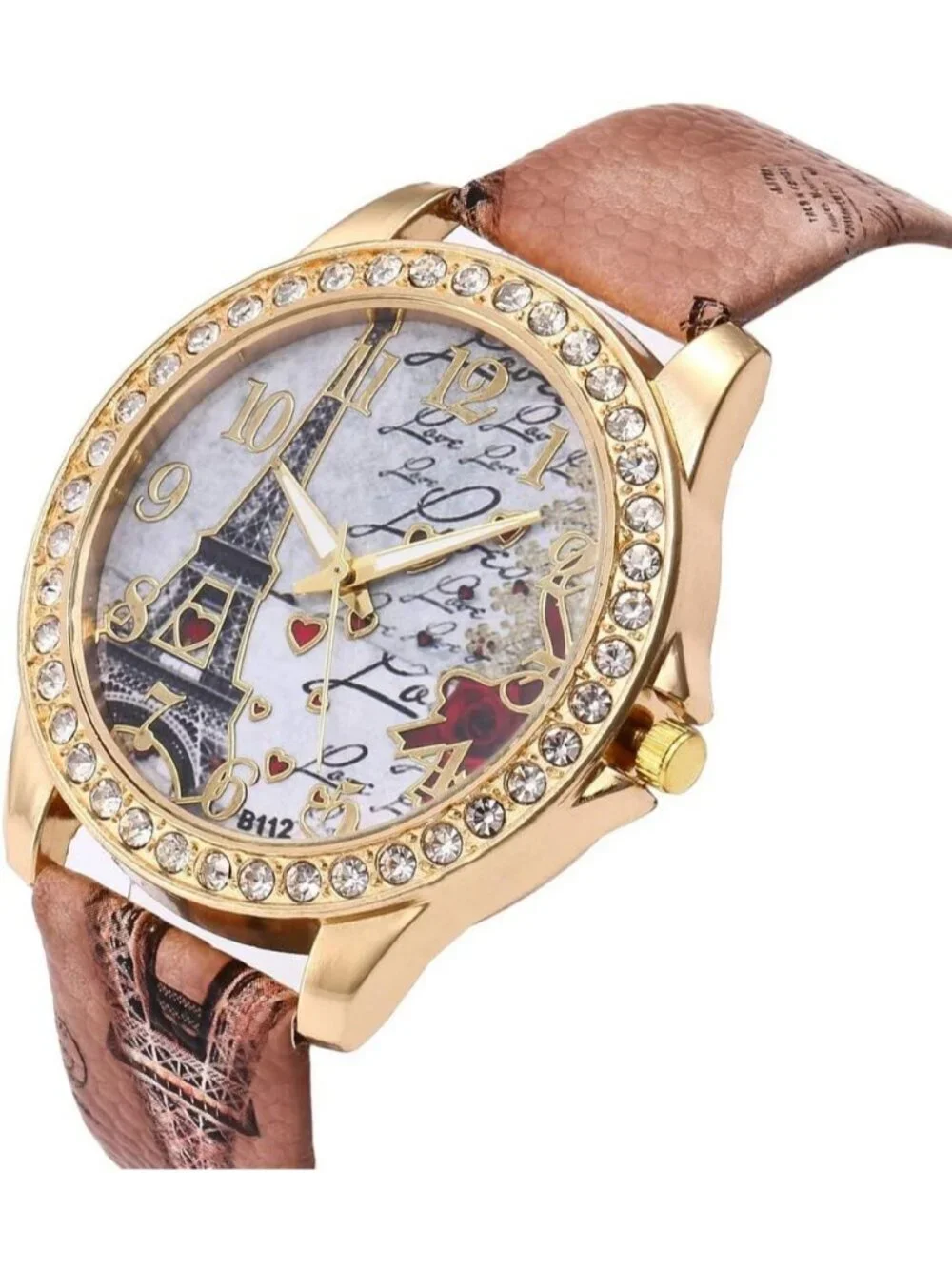 Women's Brown Analog Quartz Solid Pu Leather Strap Bling Rhinestone Wrist Watch